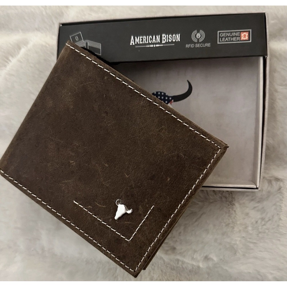 AMERICAN BISON Wallet Genuine Brown Leather  RFID Bifold Tin Logo NEW